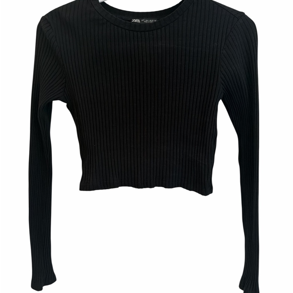 Zara Crop Women's Black Ribbed Long Sleeve Top